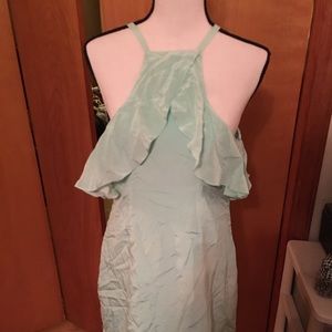 Mint green silk chiffon dress with ruffle top